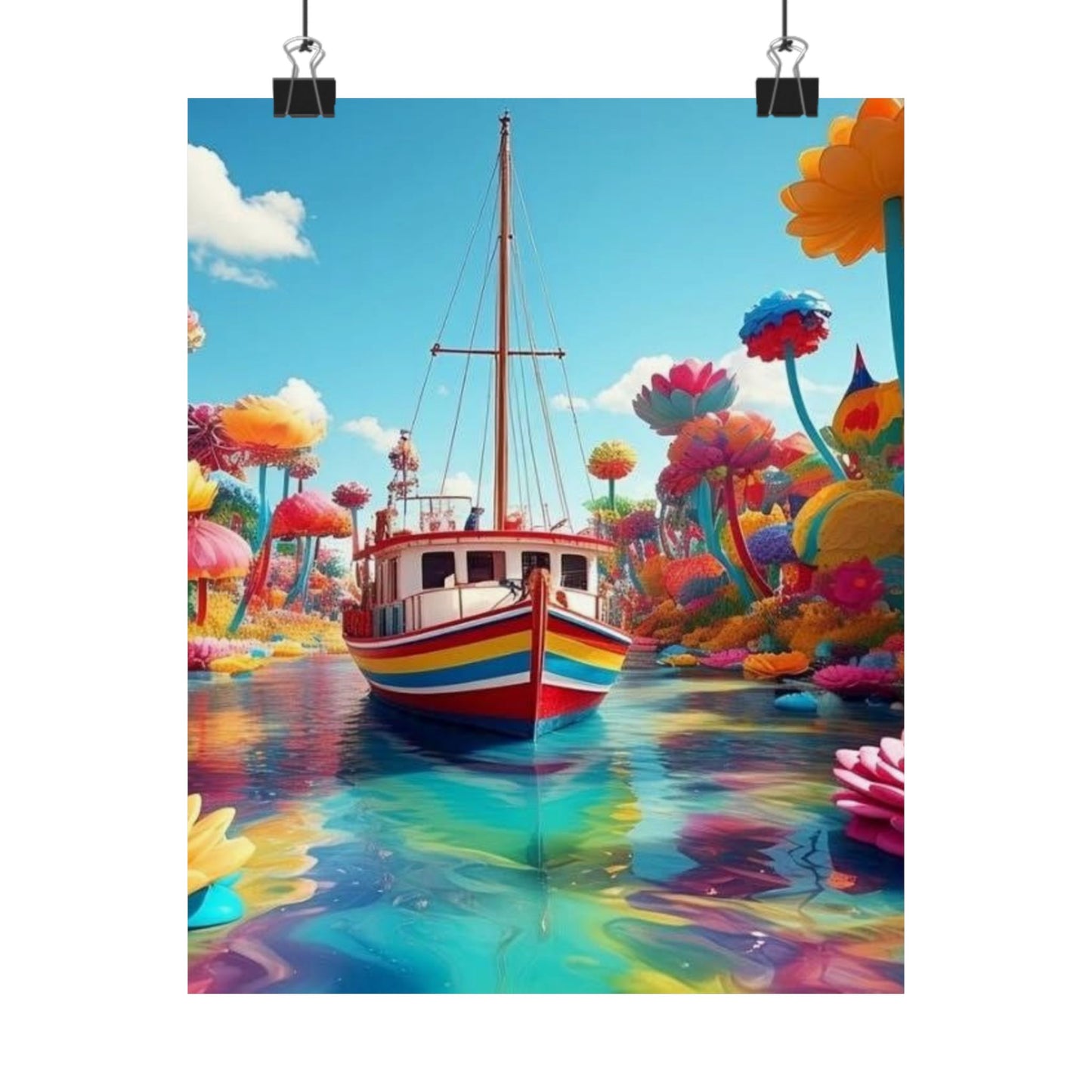 Vibrant Matte Vertical Poster - Colorful Floral Landscape with Boat