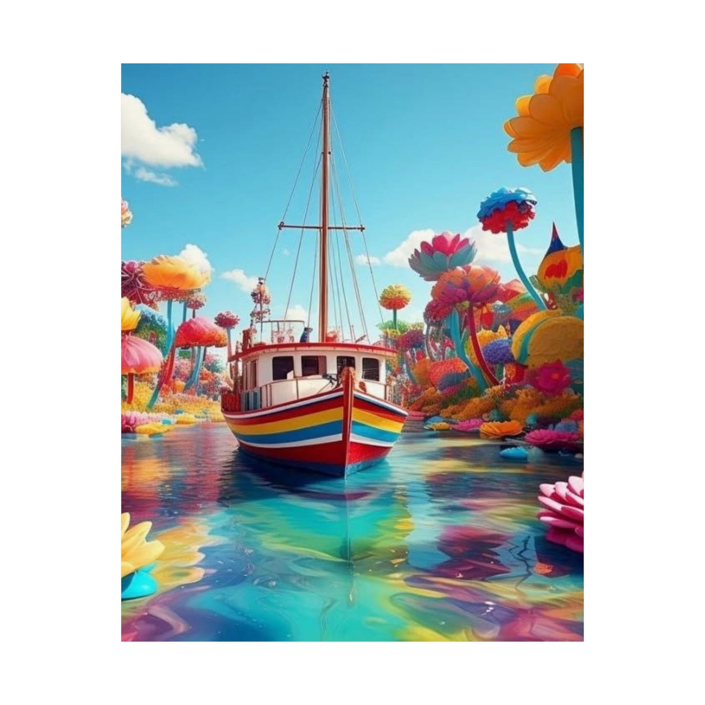 Vibrant Matte Vertical Poster - Colorful Floral Landscape with Boat